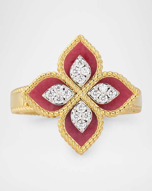18K Yellow Gold Diamond and Rhodonite Ring, Size